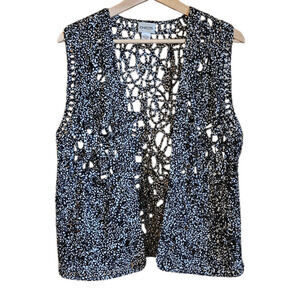 Chico's Silk Vest Open Front Crochet Black White Women's Size 2 (Large)